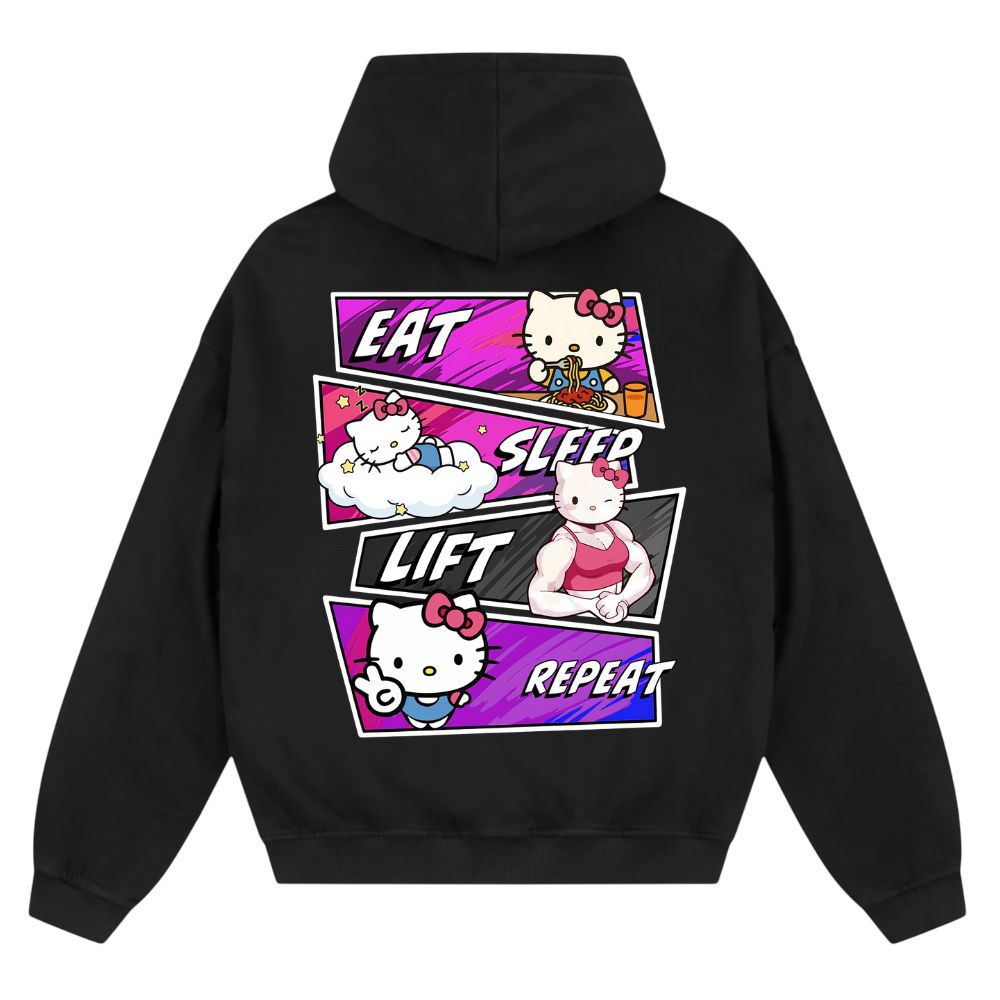 Eat Sleep Lift Repeat Hello Kitty Oversize Zipper Hoodie