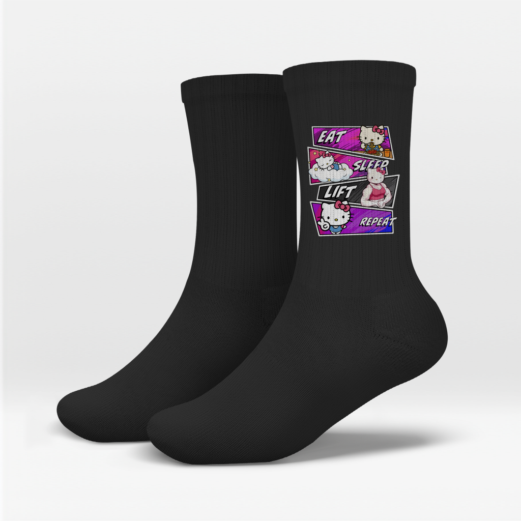 Eat Sleep Lift Repeat Hello Kitty Socken