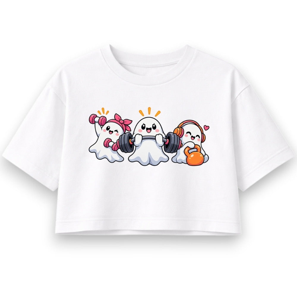 GHOST GAINS Oversize Crop Top Weiß Frontprint