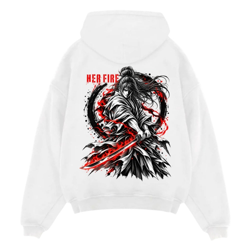 HER FIRE Oversize Hoodie Weiß Backprint