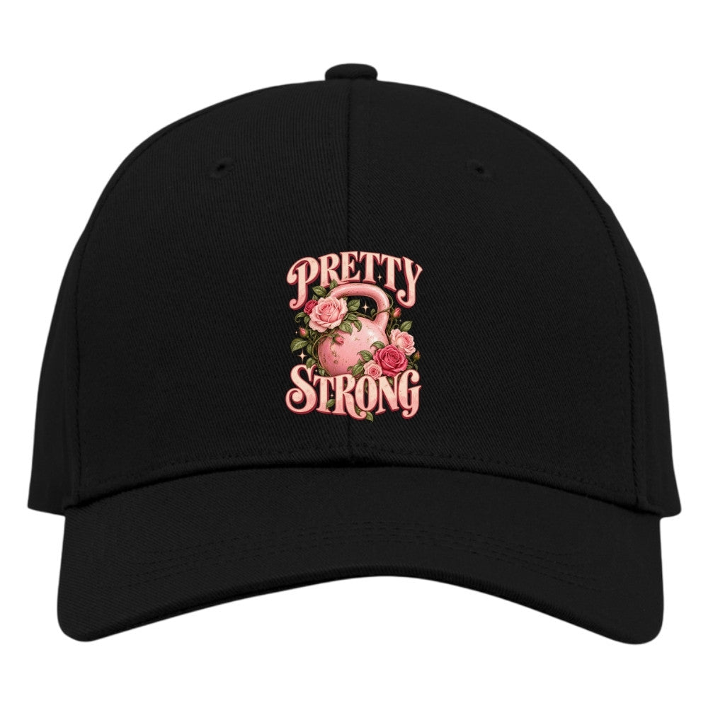 Pretty Strong Cap Schwarz mit rosa Kettlebell und Rosen Frontprint