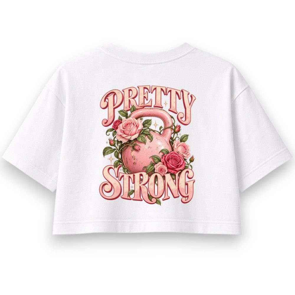 Pretty Strong Oversize Crop Top Weiß mit rosa Kettlebell und Rosen Backprint