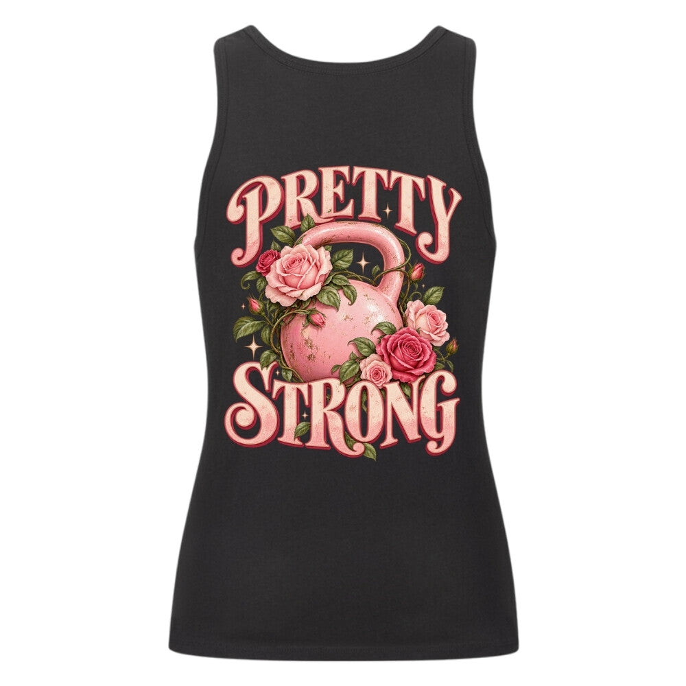 Pretty Strong Damen Tank Top Schwarz mit rosa Kettlebell und Rosen Backprint