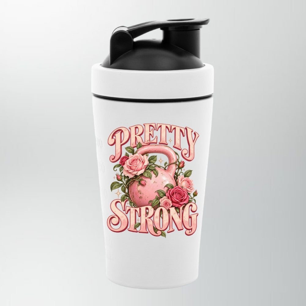 Pretty Strong Edelstahl Shaker Weiß mit rosa Kettlebell und Rosen Design