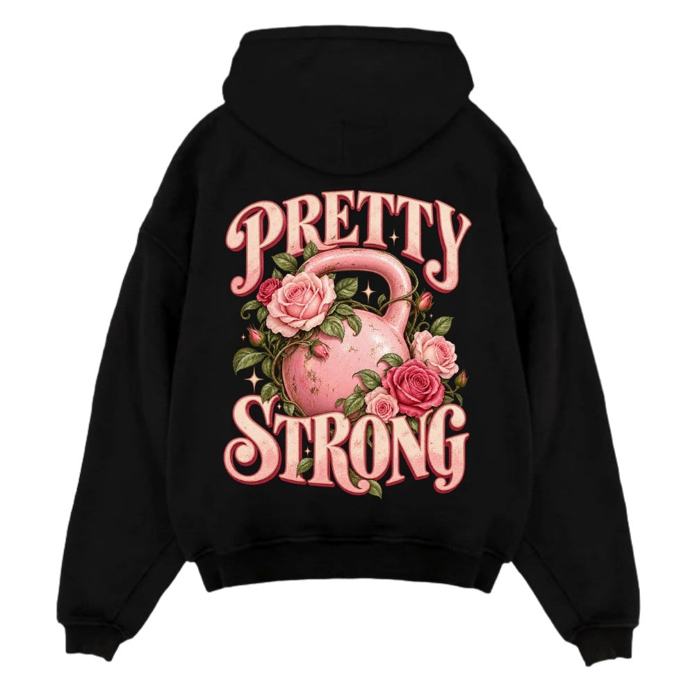 Pretty Strong Oversize Hoodie Schwarz mit rosa Kettlebell und Rosen Backprint