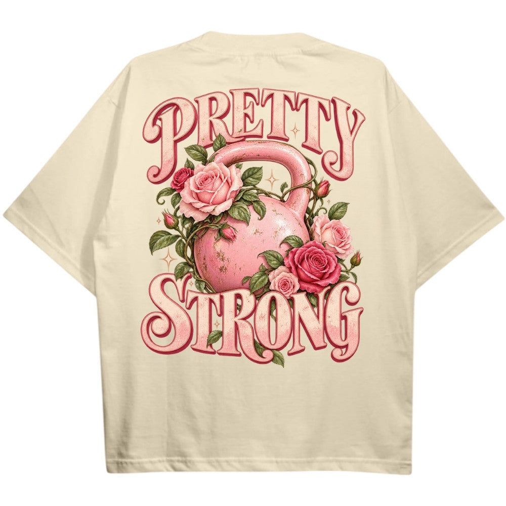 Pretty Strong Oversize Shirt Cream mit rosa Kettlebell und Rosen Backprint
