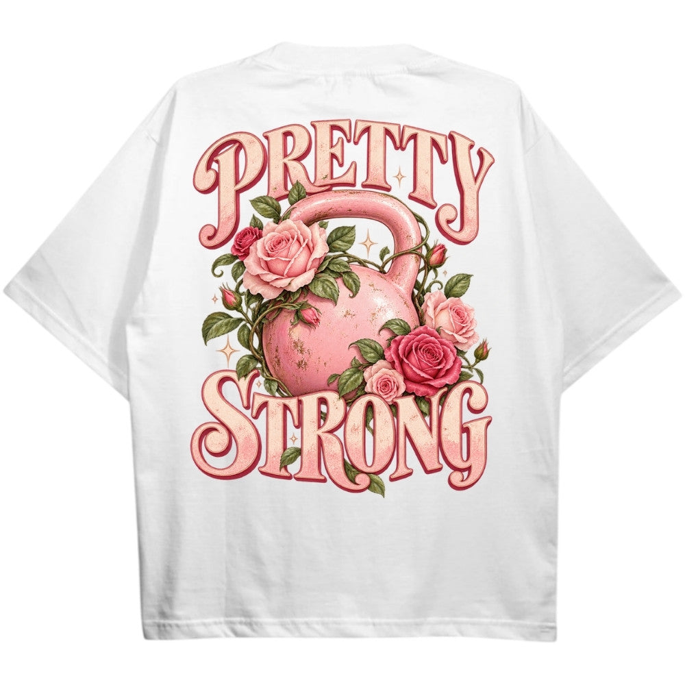 Pretty Strong Oversize Shirt Weiß mit rosa Kettlebell und Rosen Backprint