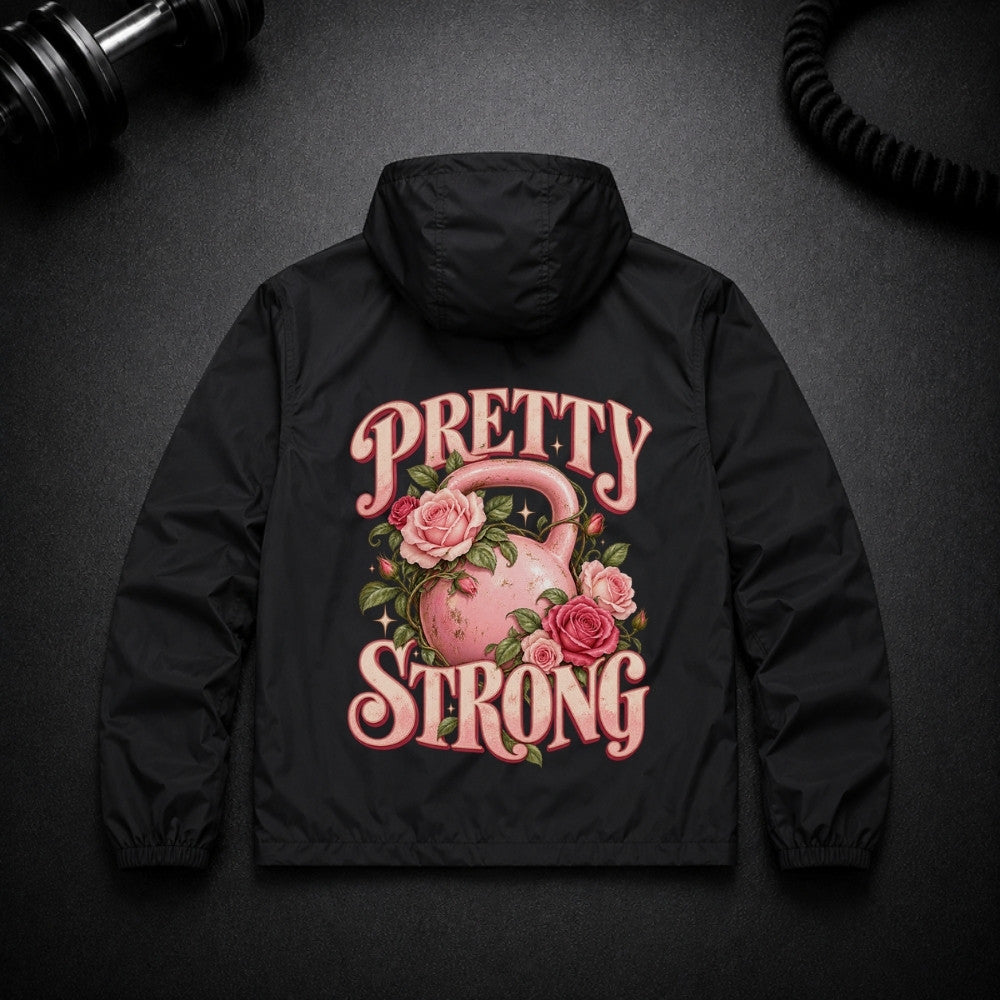 Pretty Strong Performance Jacke Schwarz mit rosa Kettlebell und Rosen Backprint
