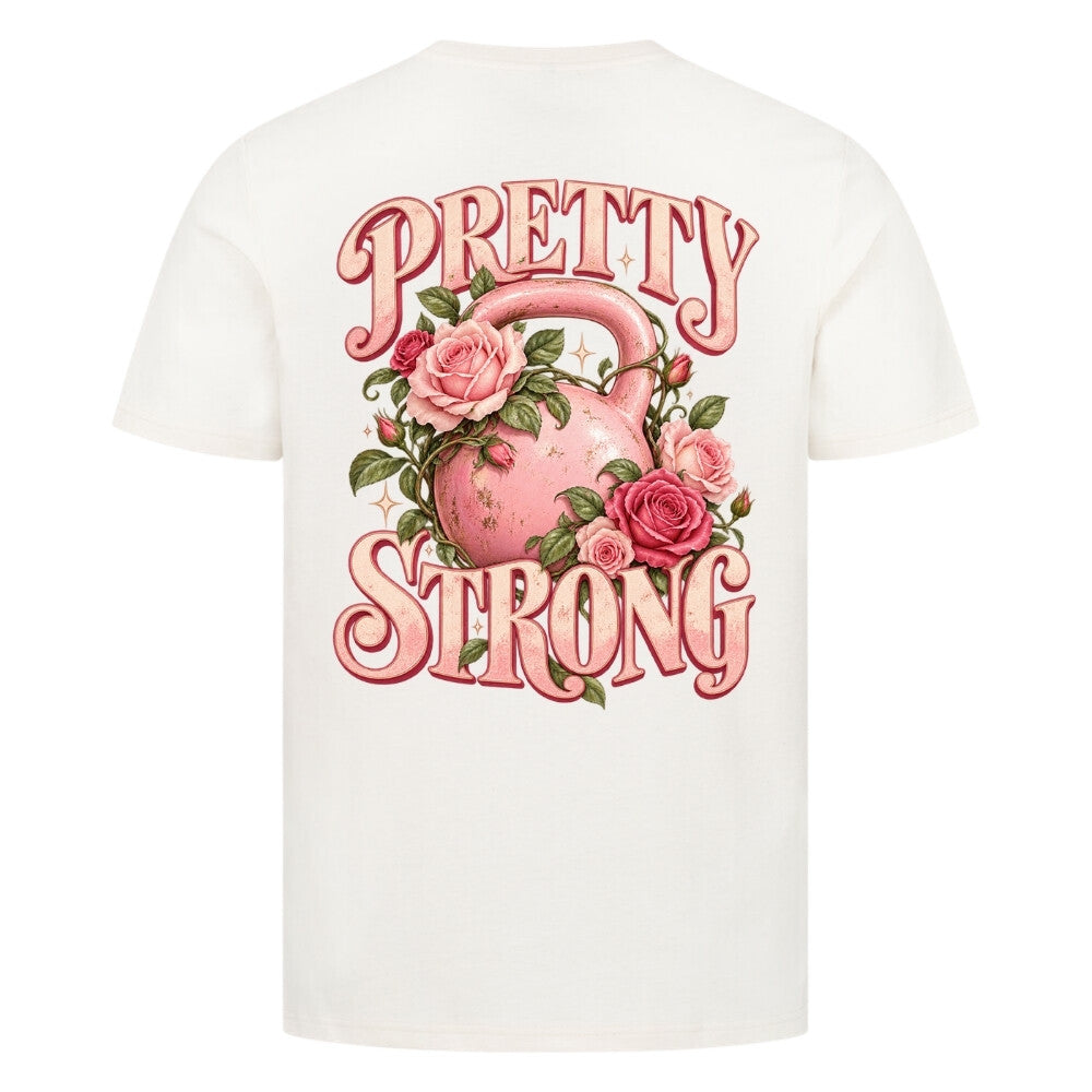 Pretty Strong Premium Shirt Cream mit rosa Kettlebell und Rosen Backprint