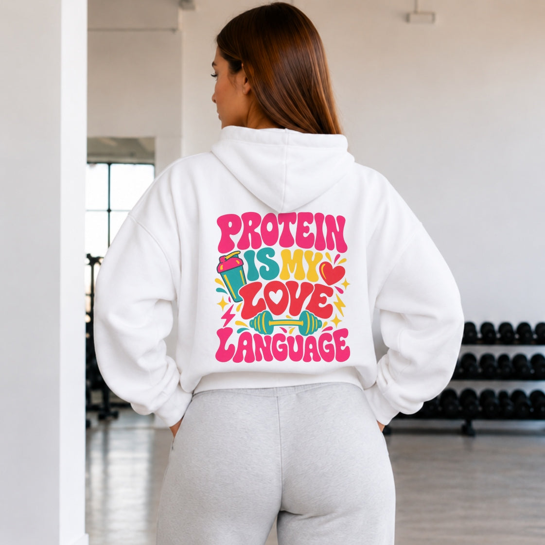 Protein Is My Love Language Oversize Hoodie Weiß