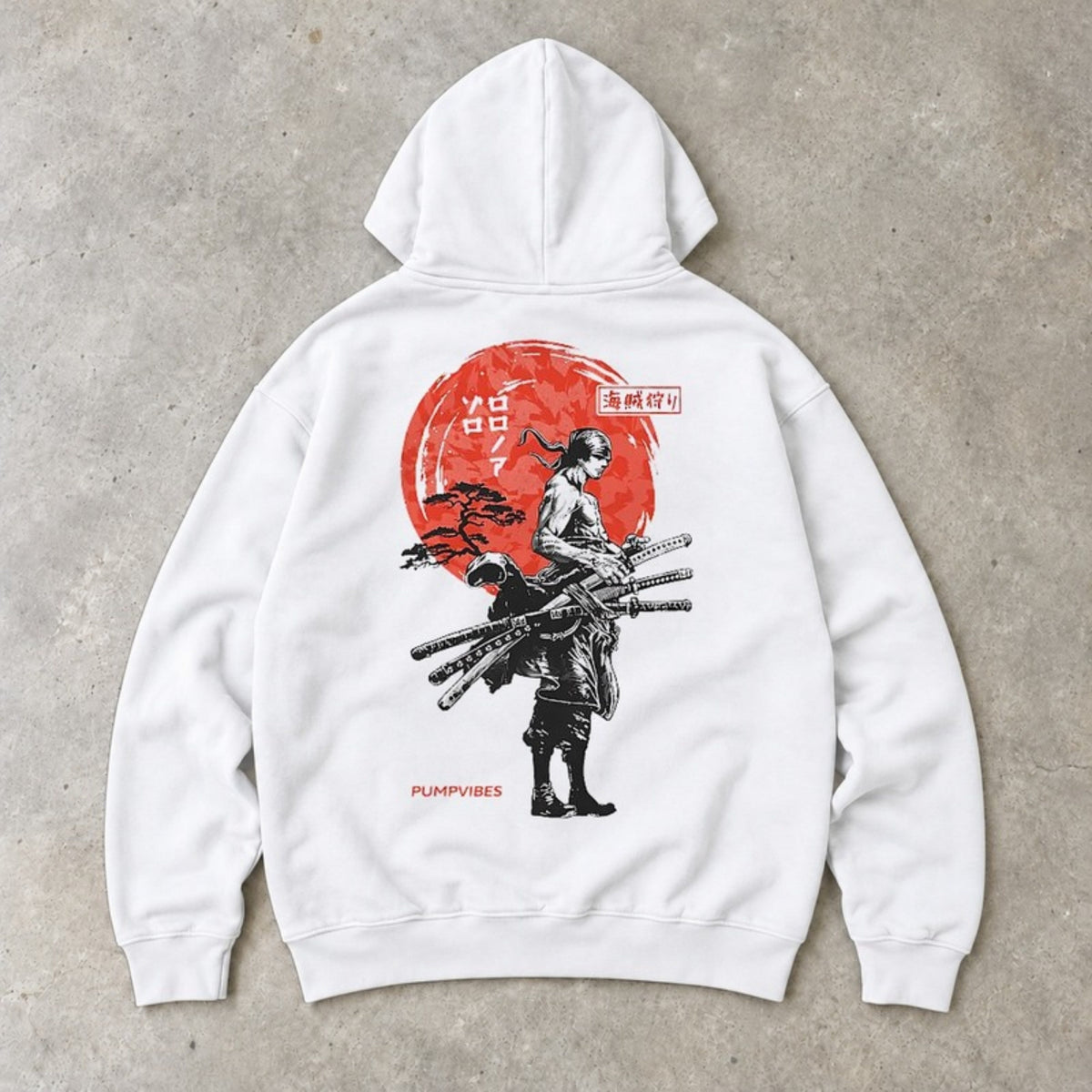 Red Sun Zoro Premium Hoodie Weiß Backprint