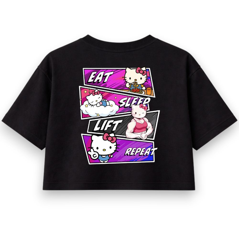 Eat Sleep Lift Repeat Hello Kitty Oversize Crop Top