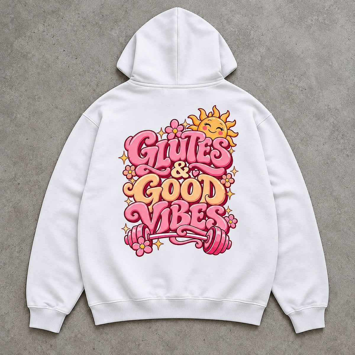 Glutes & Good Vibes Premium Hoodie Weiß Backprint