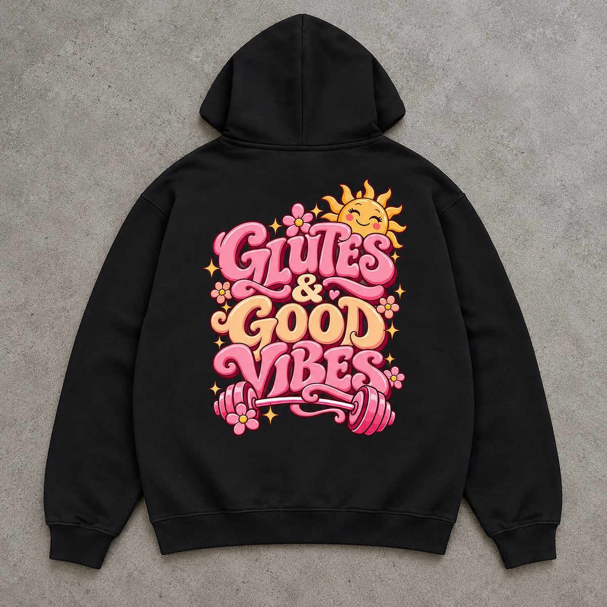Glutes & Good Vibes Premium Hoodie Schwarz Backprint