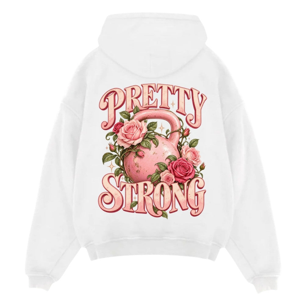 Pretty Strong Oversize Hoodie Weiß mit rosa Kettlebell und Rosen Backprint