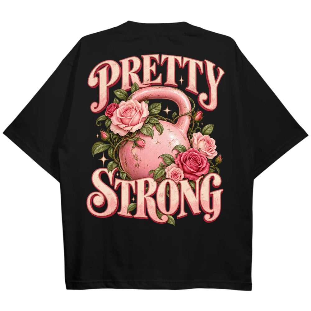 Pretty Strong Oversize Shirt Schwarz mit rosa Kettlebell und Rosen Backprint