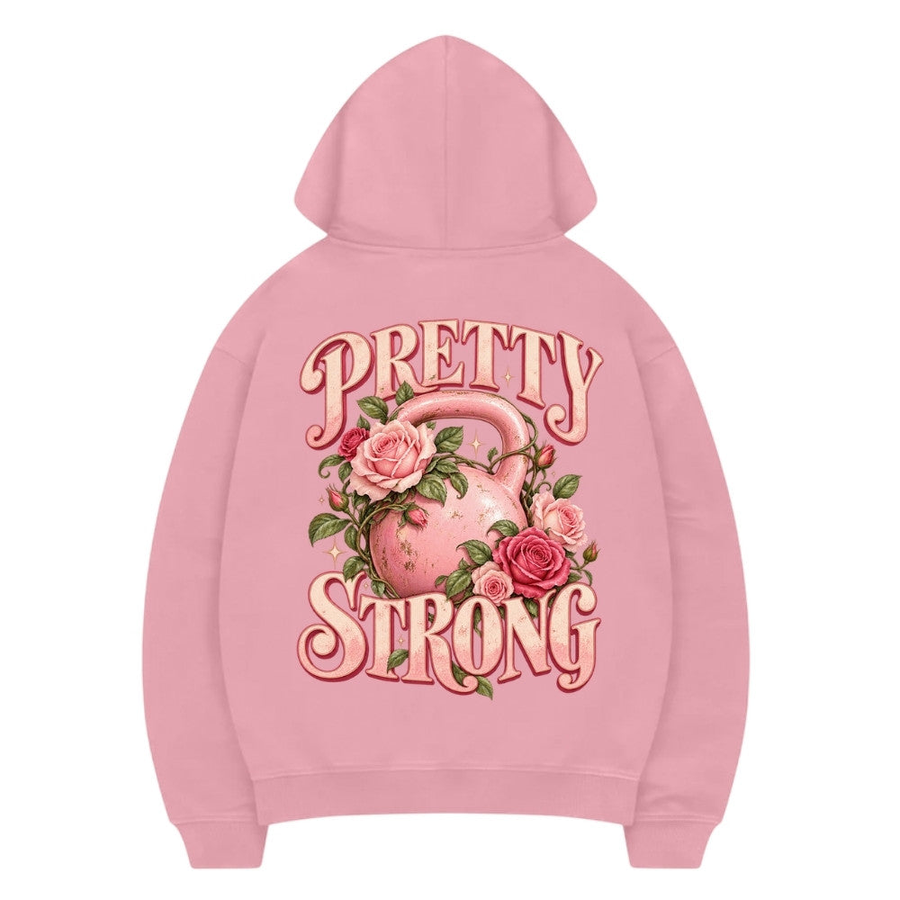 Pretty Strong Premium Hoodie Pink mit rosa Kettlebell und Rosen Backprint