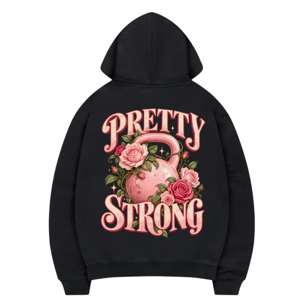 Pretty Strong Premium Hoodie Schwarz mit rosa Kettlebell und Rosen Backprint
