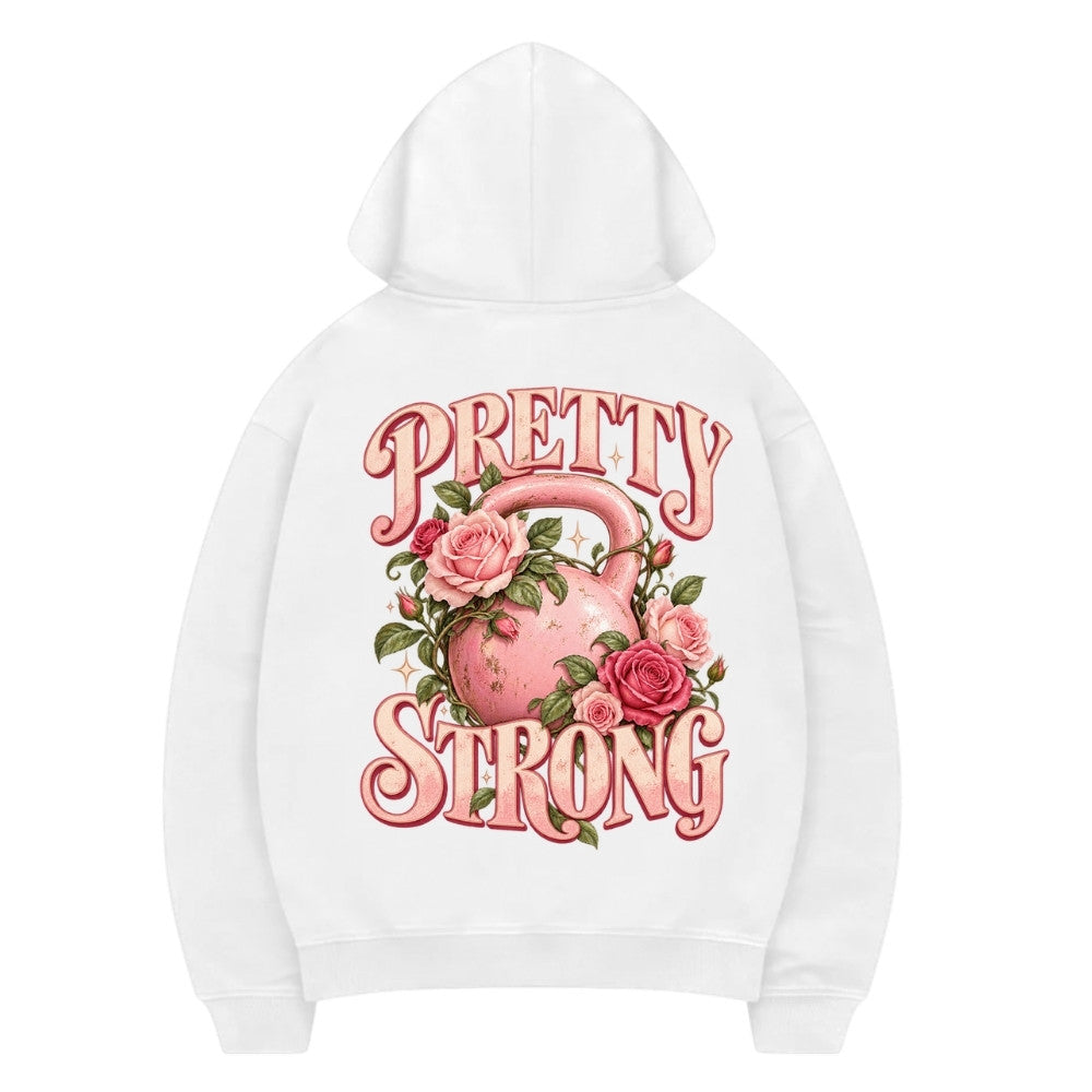 Pretty Strong Premium Hoodie Weiß mit rosa Kettlebell und Rosen Backprint