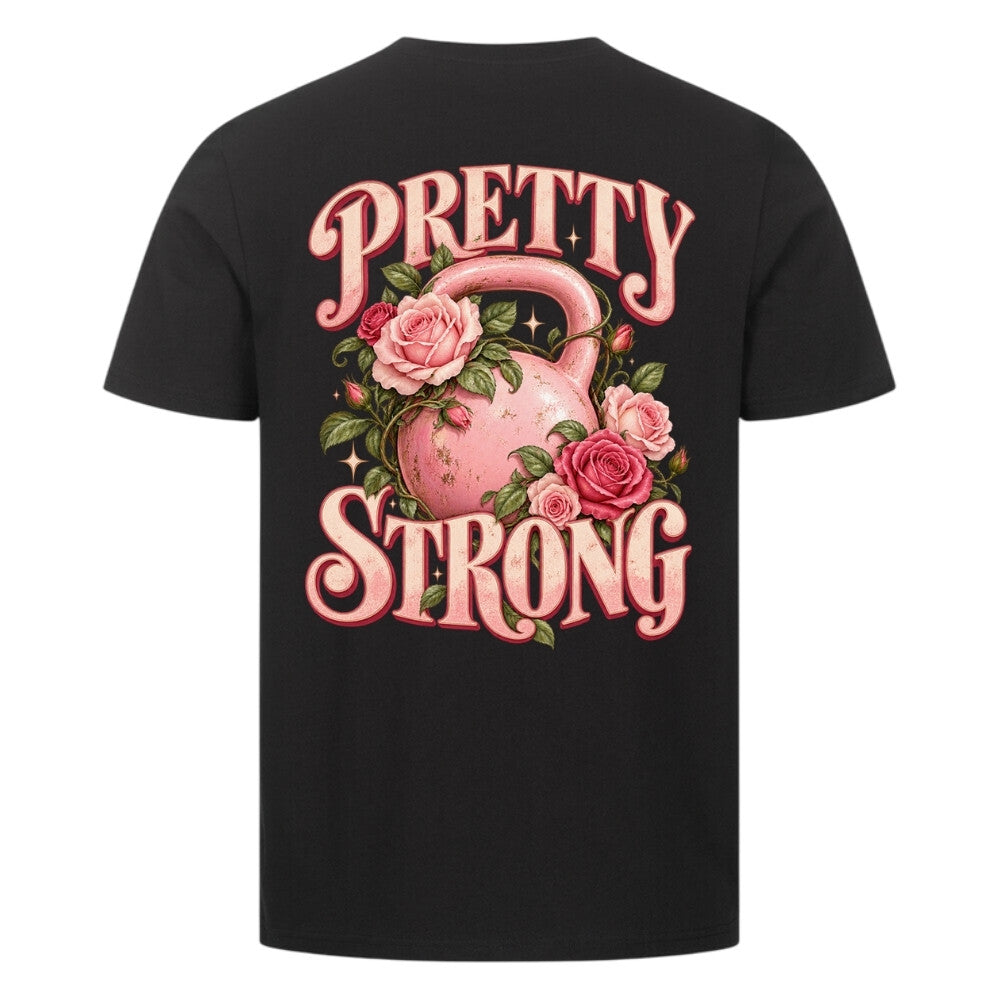 Pretty Strong Premium Shirt Schwarz mit rosa Kettlebell und Rosen Backprint