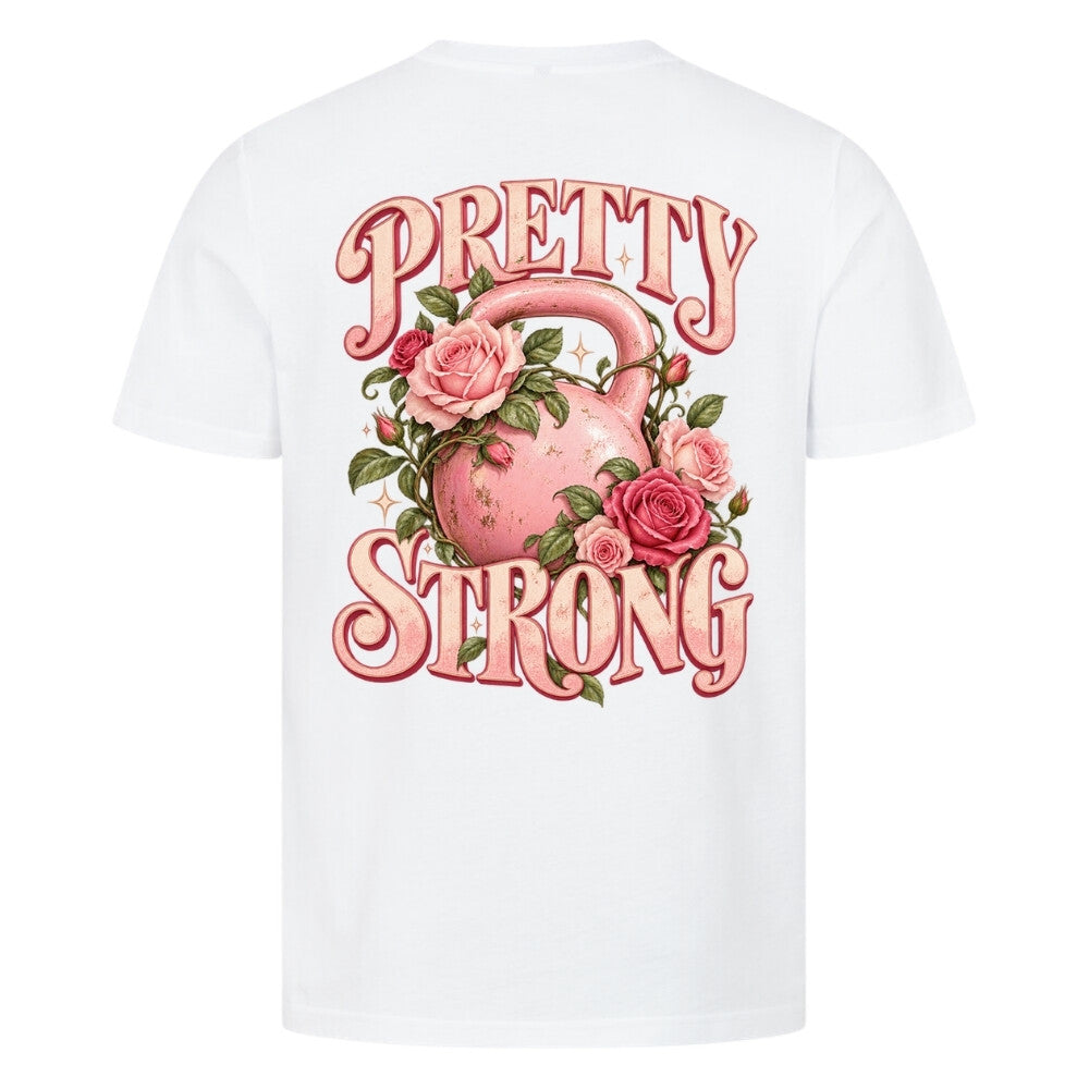 Pretty Strong Premium Shirt Weiß mit rosa Kettlebell und Rosen Backprint
