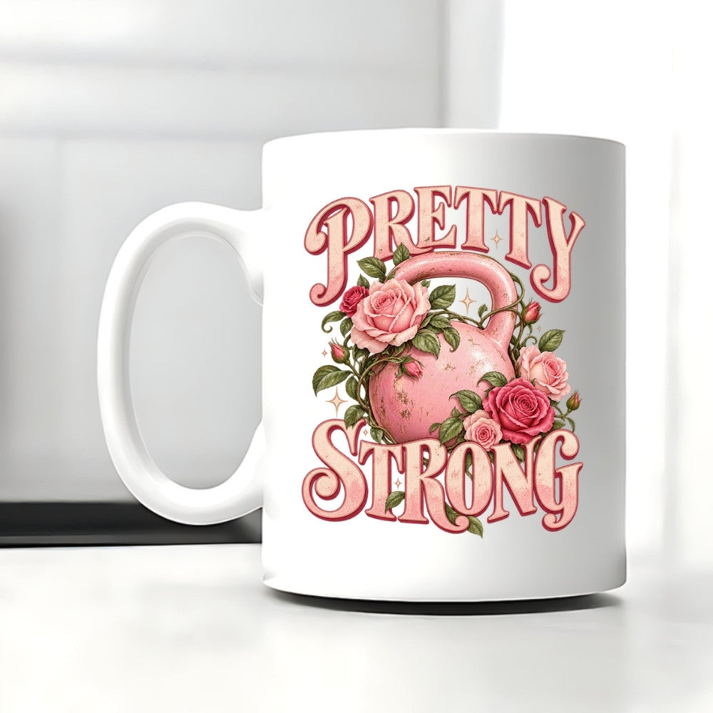 Pretty Strong Tasse Weiß mit rosa Kettlebell und Rosen Design