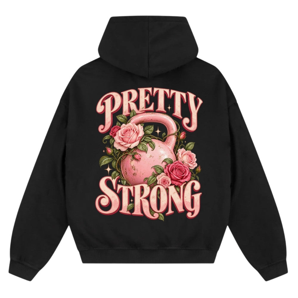 Pretty Strong Oversize Zipper Hoodie Schwarz mit rosa Kettlebell und Rosen Backprint