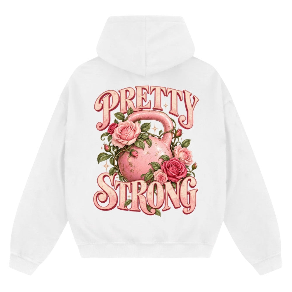 Pretty Strong Oversize Zipper Hoodie Weiß mit rosa Kettlebell und Rosen Backprint