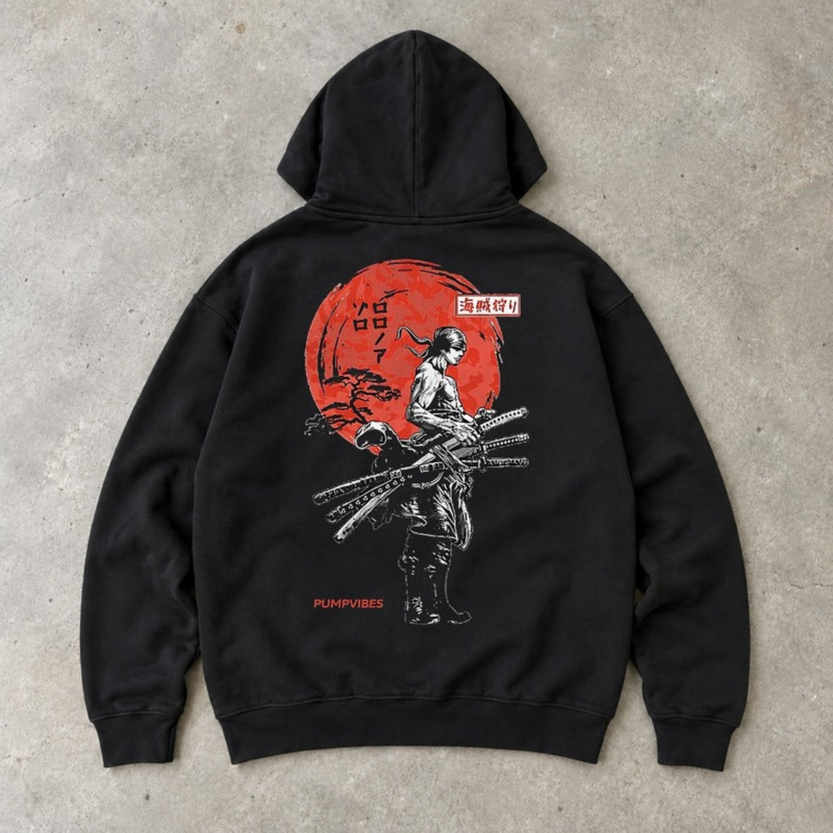 Red Sun Zoro Premium Hoodie Schwarz Backprint
