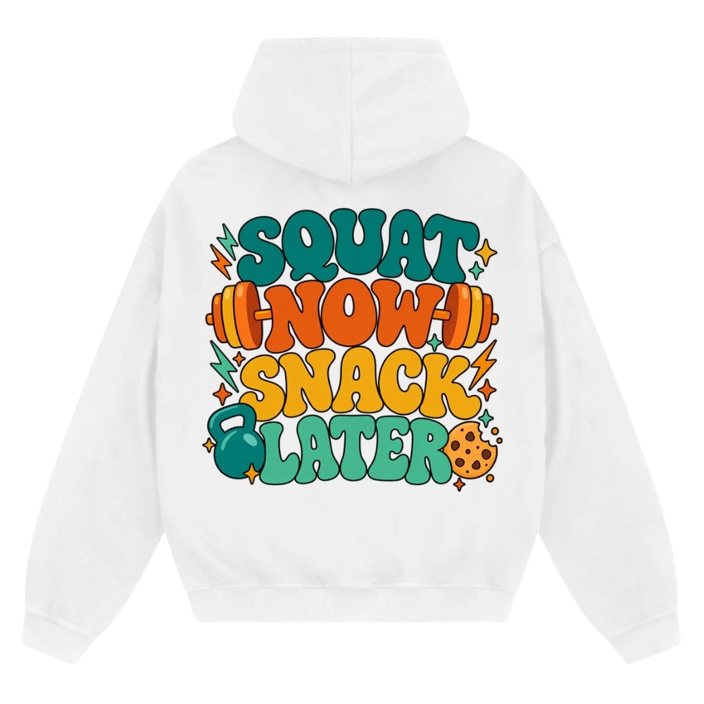 Squat Now Snack Later Oversize Zipper Hoodie Weiß