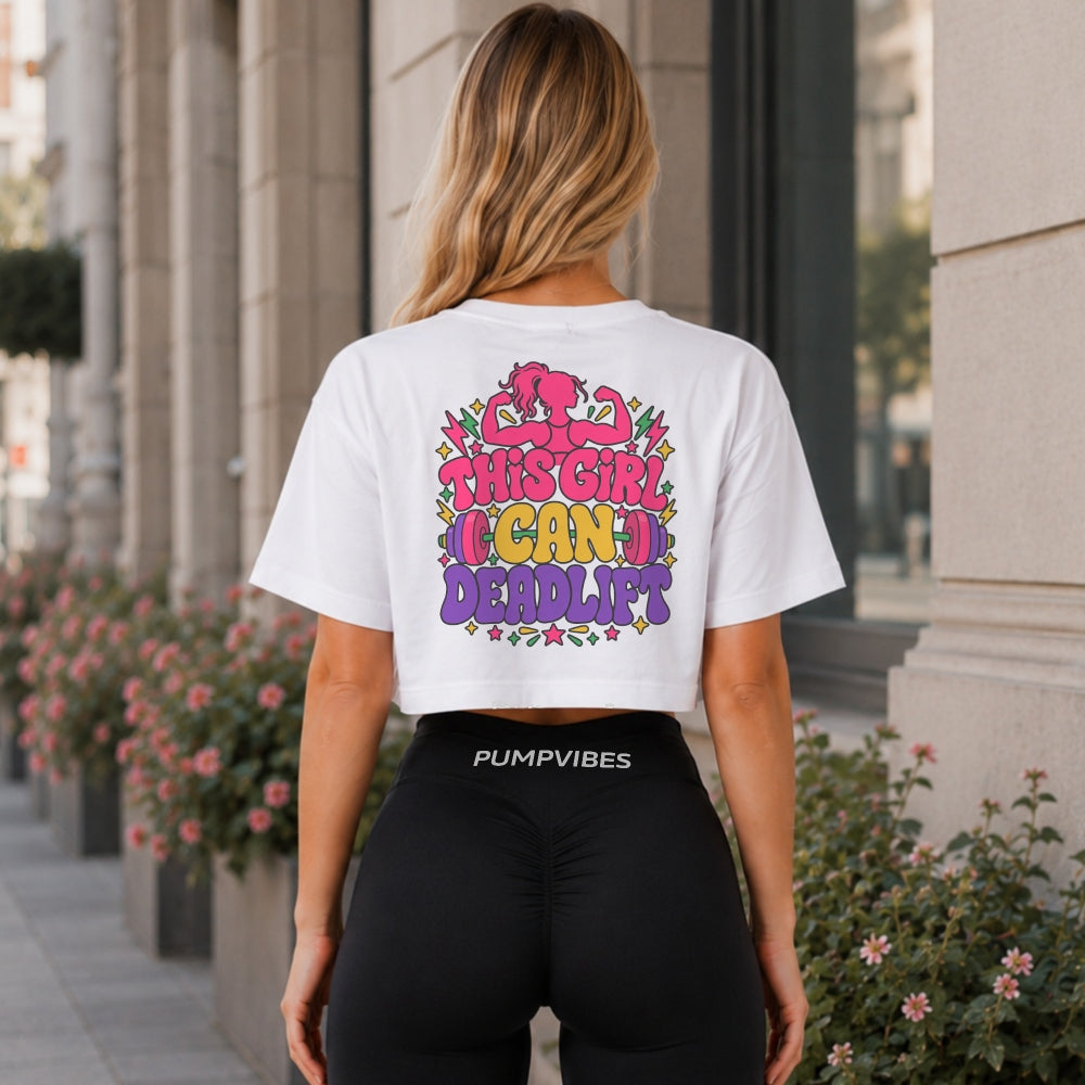 This Girl Can Deadlift Oversize Crop Top Damen weiß Rückenprint